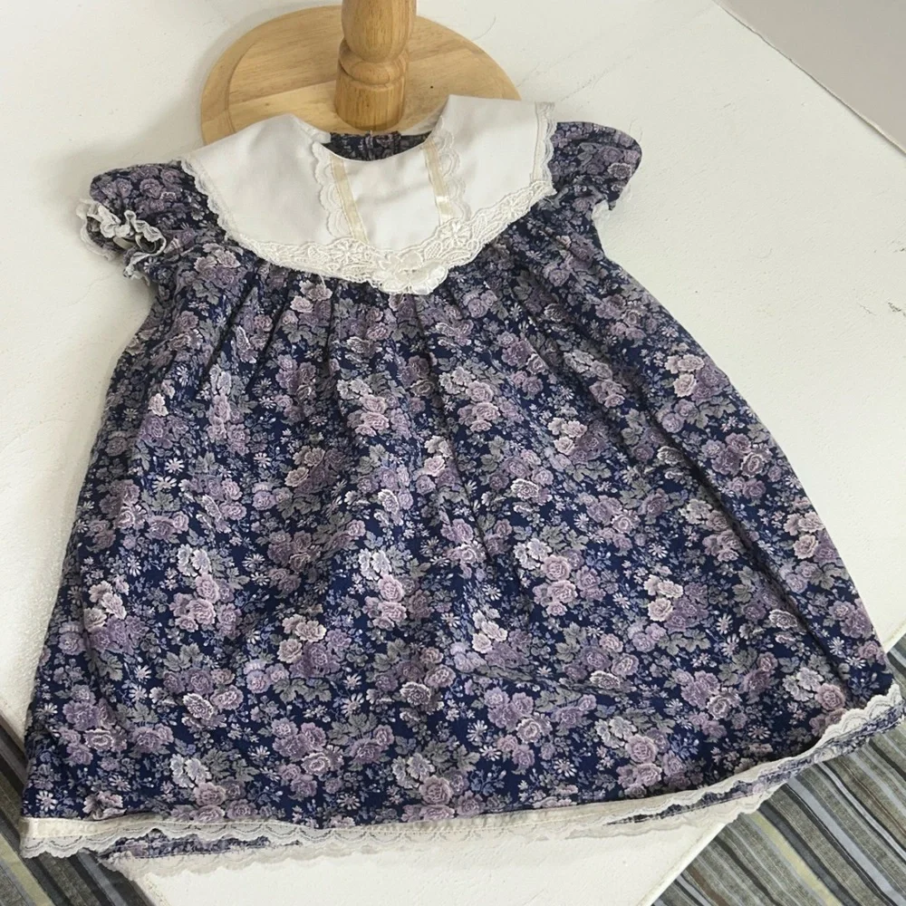 Vintage Navy Floral Dress with Lace Collar